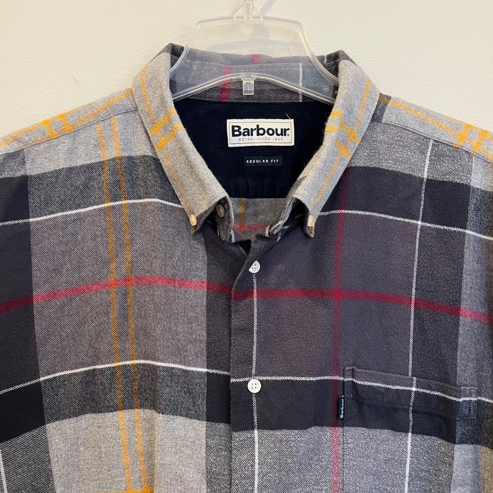 Barbour Huckberry Shirt Mens XXL 2XL Gray Red Yellow Plaid Flannel Tartan